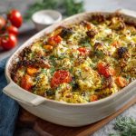 High-protein veggie bake with cottage cheese served in a casserole dish