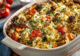 High-protein veggie bake with cottage cheese served in a casserole dish