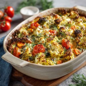 High-protein veggie bake with cottage cheese served in a casserole dish
