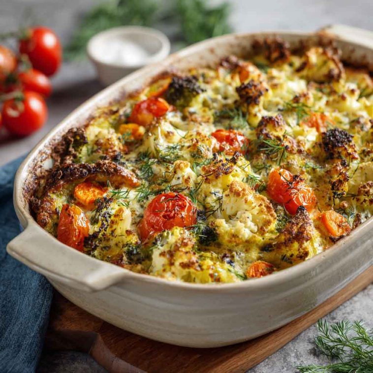 High-protein veggie bake with cottage cheese served in a casserole dish