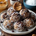 No-bake chocolate peanut butter protein balls made with oats, cocoa, and peanut butter, rolled into bite-sized snacks.