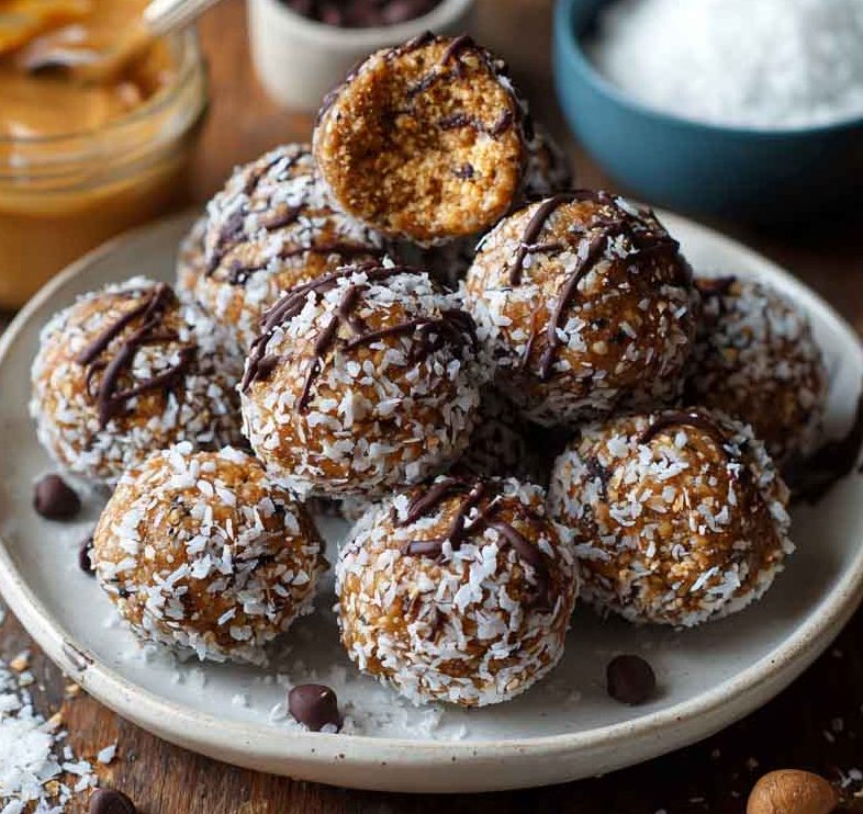 No-bake chocolate peanut butter protein balls made with oats, cocoa, and peanut butter, rolled into bite-sized snacks.
