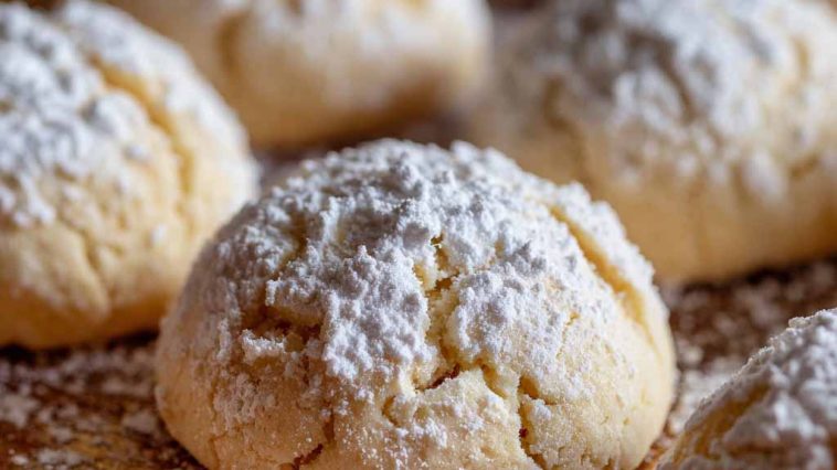Golden pizzicati Italian pinch cookies filled with jam, lightly dusted with powdered sugar, arranged on a rustic wooden board.