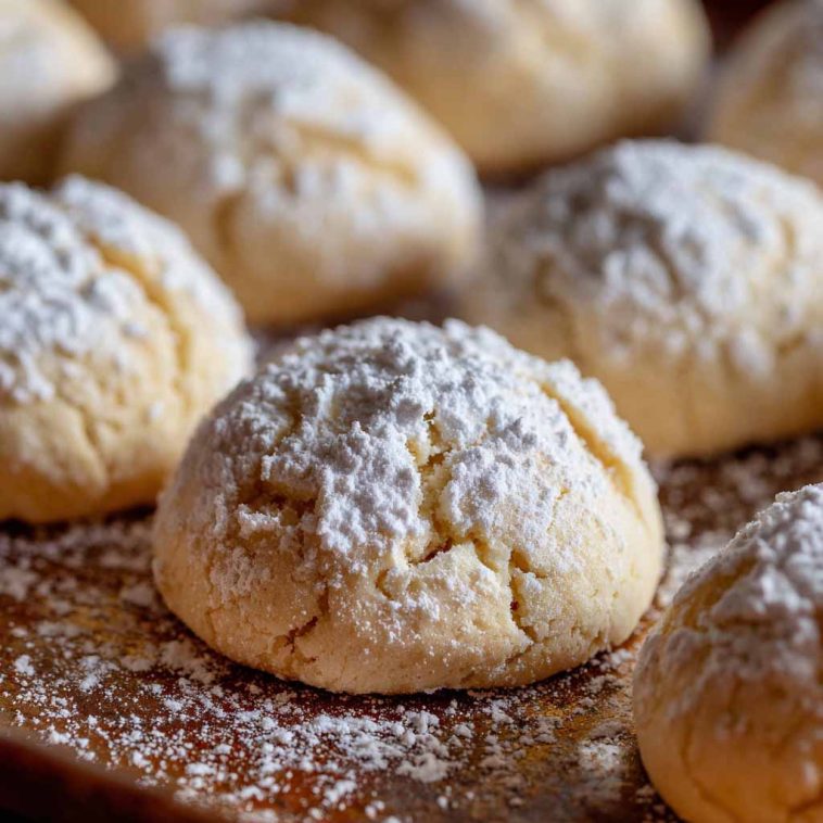 Golden pizzicati Italian pinch cookies filled with jam, lightly dusted with powdered sugar, arranged on a rustic wooden board.