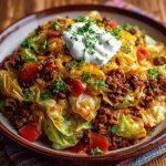 Skillet of cowboy cabbage with ground beef, cabbage, and savory seasonings.