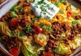 Skillet of cowboy cabbage with ground beef, cabbage, and savory seasonings.