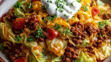 Skillet of cowboy cabbage with ground beef, cabbage, and savory seasonings.