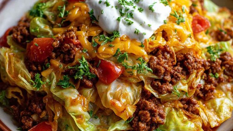 Skillet of cowboy cabbage with ground beef, cabbage, and savory seasonings.