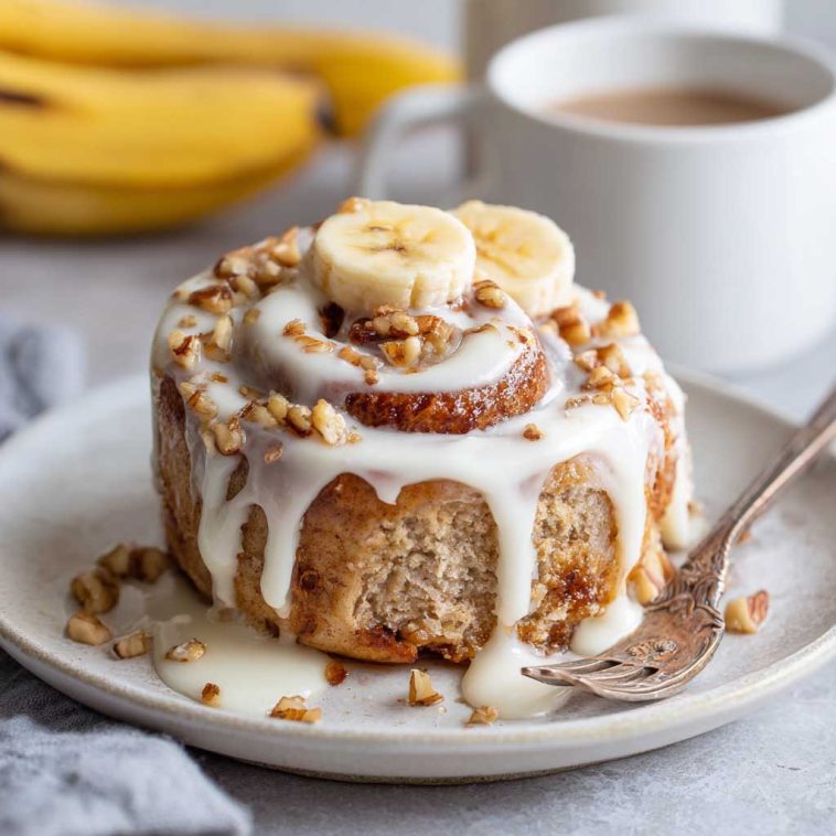Soft banana bread cinnamon rolls swirled with cinnamon sugar and topped with creamy cream cheese frosting.