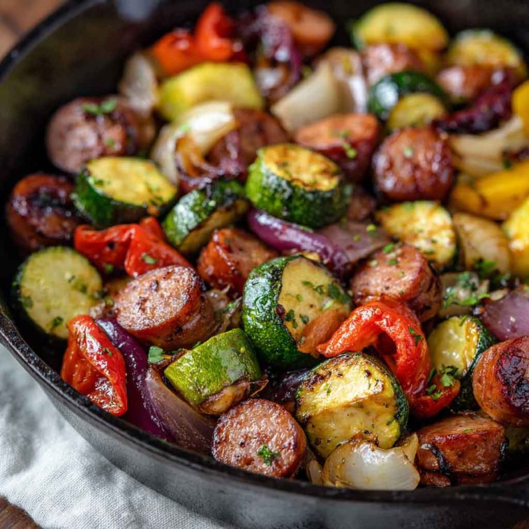 One-pan honey garlic kielbasa with roasted vegetables coated in a glossy sweet and savory sauce.