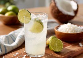 Coconut lime refresher drink with ice, lime slices, and a creamy tropical base.