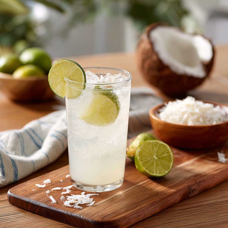 Coconut lime refresher drink with ice, lime slices, and a creamy tropical base.