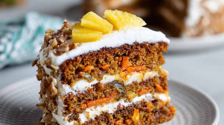 Moist carrot pineapple cake topped with creamy frosting and bits of crushed pineapple.