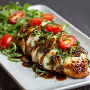 Juicy baked chicken breast glazed with balsamic sauce and topped with melted mozzarella cheese.