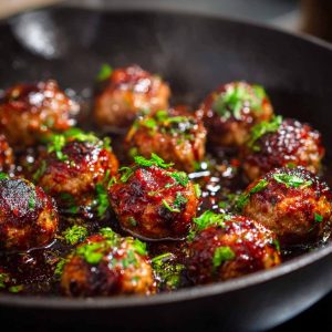 Juicy meatballs coated in a sticky hoisin glaze with a glossy finish.