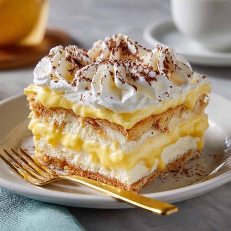 No-bake lemon éclair cake with creamy layers and lemon glaze