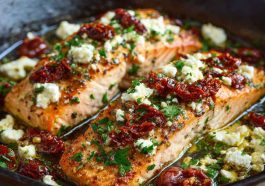 Oven-baked salmon fillets topped with crumbled feta, sun-dried tomatoes, and fresh herbs, served on a rustic platter.