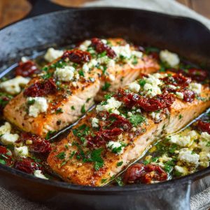 Oven-baked salmon fillets topped with crumbled feta, sun-dried tomatoes, and fresh herbs, served on a rustic platter.