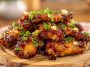 Sticky pineapple cowboy candy chicken wings glazed with sweet and spicy sauce, garnished with peppers.