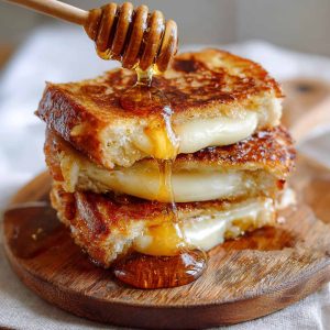 Hot honey grilled cheese sandwich with melted cheese and a drizzle of spicy honey between crispy golden bread.