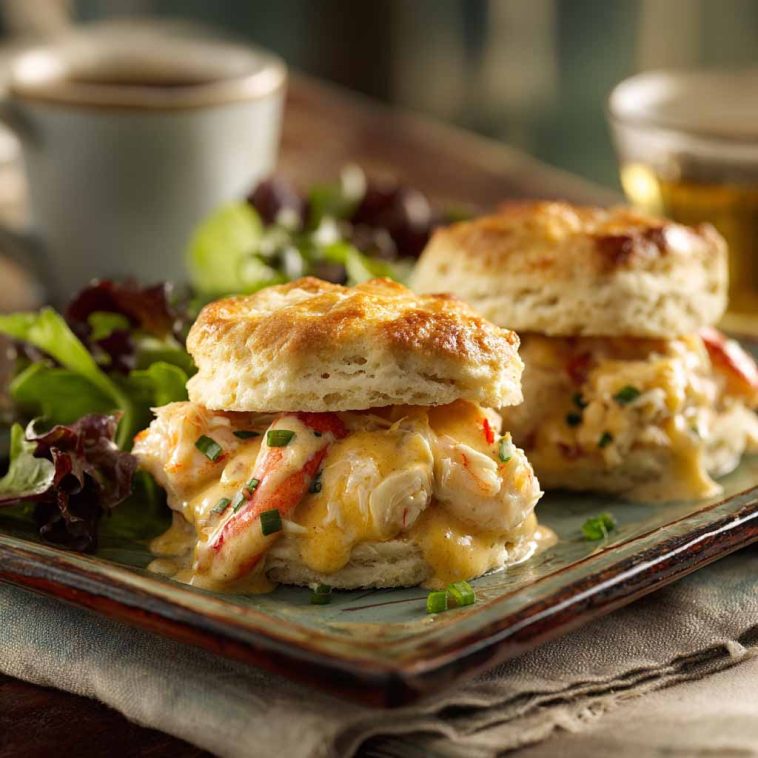 Savory shrimp and crab biscuit melts topped with melted cheese and herbs on golden biscuits.