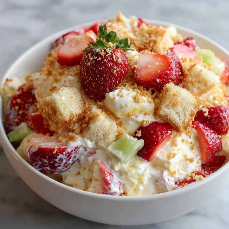 Creamy Hawaiian cheesecake salad with pineapple, mandarin oranges, and fluffy whipped topping.