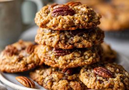 Thick oatmeal cookies with pecans and a pecan pie-style filling, chewy and golden.