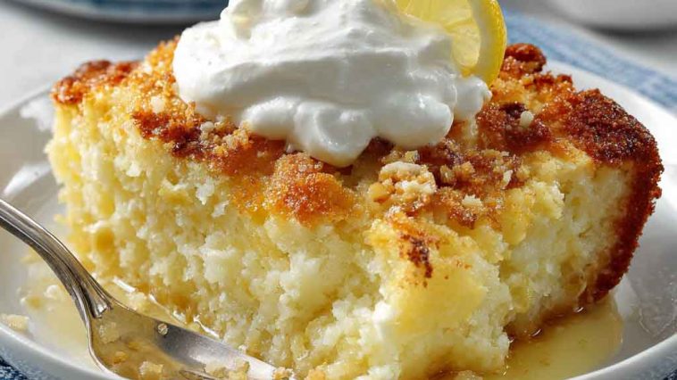 Lemon cream cheese dump cake with a golden buttery topping and creamy layers.