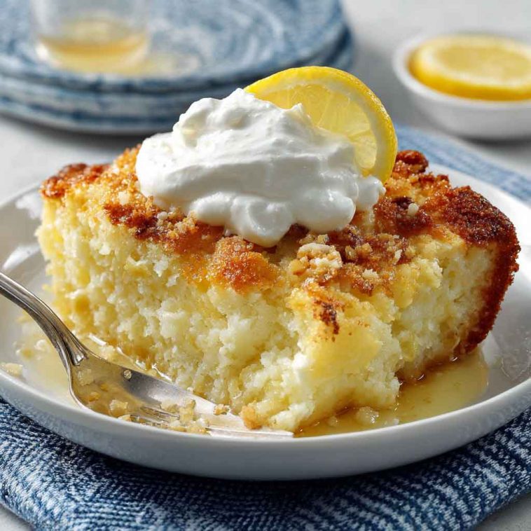 Lemon cream cheese dump cake with a golden buttery topping and creamy layers.