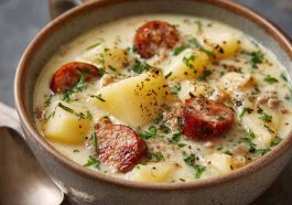 A hearty bowl of German potato soup filled with tender potatoes, sliced sausage, carrots, and herbs, served with crusty bread on the side.