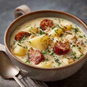 A hearty bowl of German potato soup filled with tender potatoes, sliced sausage, carrots, and herbs, served with crusty bread on the side.