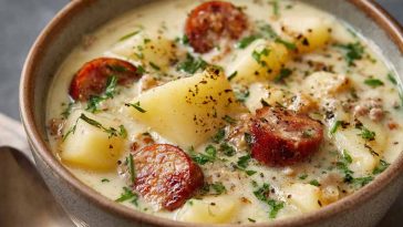 A hearty bowl of German potato soup filled with tender potatoes, sliced sausage, carrots, and herbs, served with crusty bread on the side.