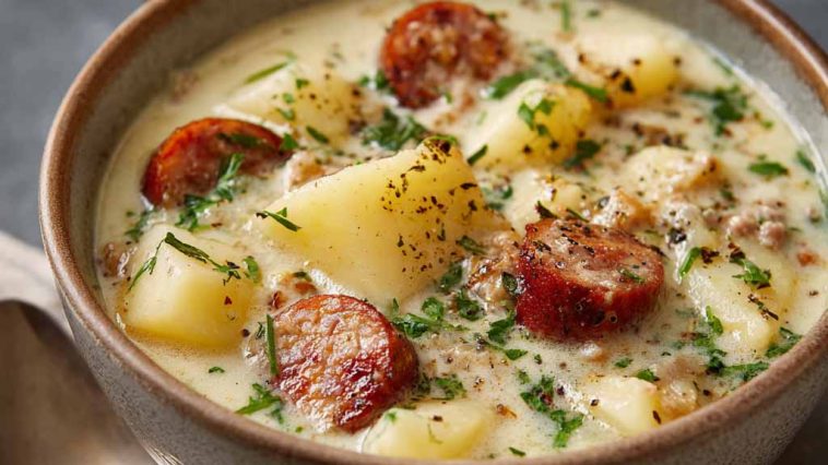 A hearty bowl of German potato soup filled with tender potatoes, sliced sausage, carrots, and herbs, served with crusty bread on the side.