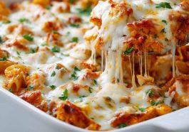 Dump-and-bake chicken parmesan casserole topped with melted cheese and herbs