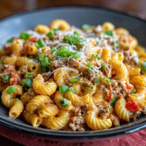 A bowl of creamy Rotel pasta with ground beef, topped with melted cheese and garnished with fresh parsley, served hot and comforting.