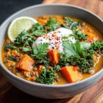 A hearty bowl of ginger sweet potato and coconut milk stew with lentils and kale, garnished with fresh herbs and served warm in a rustic dish.