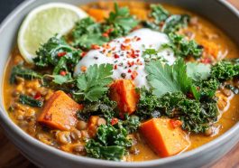 A hearty bowl of ginger sweet potato and coconut milk stew with lentils and kale, garnished with fresh herbs and served warm in a rustic dish.