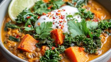 A hearty bowl of ginger sweet potato and coconut milk stew with lentils and kale, garnished with fresh herbs and served warm in a rustic dish.