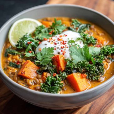 A hearty bowl of ginger sweet potato and coconut milk stew with lentils and kale, garnished with fresh herbs and served warm in a rustic dish.