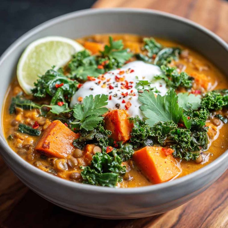A hearty bowl of ginger sweet potato and coconut milk stew with lentils and kale, garnished with fresh herbs and served warm in a rustic dish.