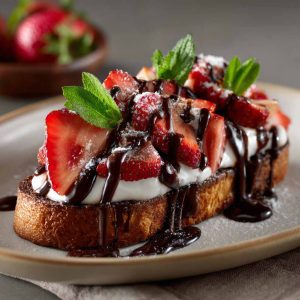 Slices of toasted baguette topped with melted chocolate, fresh strawberries, and a drizzle of chocolate sauce, arranged on a serving platter.