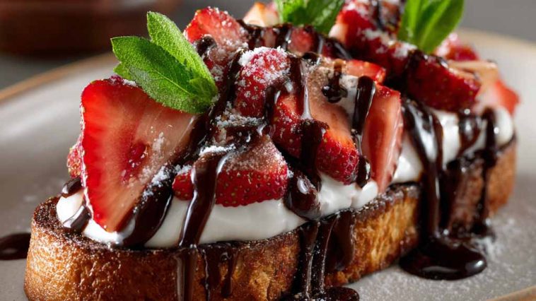Slices of toasted baguette topped with melted chocolate, fresh strawberries, and a drizzle of chocolate sauce, arranged on a serving platter.