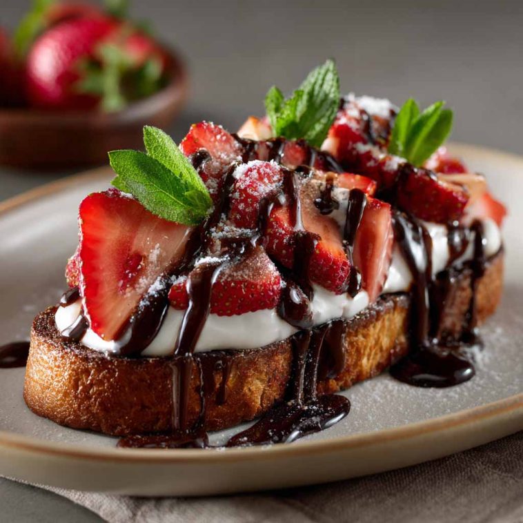 Slices of toasted baguette topped with melted chocolate, fresh strawberries, and a drizzle of chocolate sauce, arranged on a serving platter.
