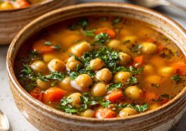 Warm vegan garlic chickpea soup with tender chickpeas, herbs, and a rich, flavorful broth served in a bowl.