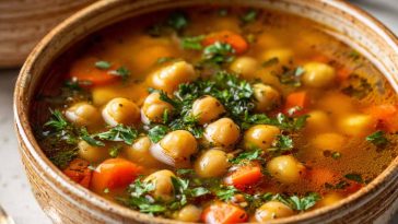 Warm vegan garlic chickpea soup with tender chickpeas, herbs, and a rich, flavorful broth served in a bowl.