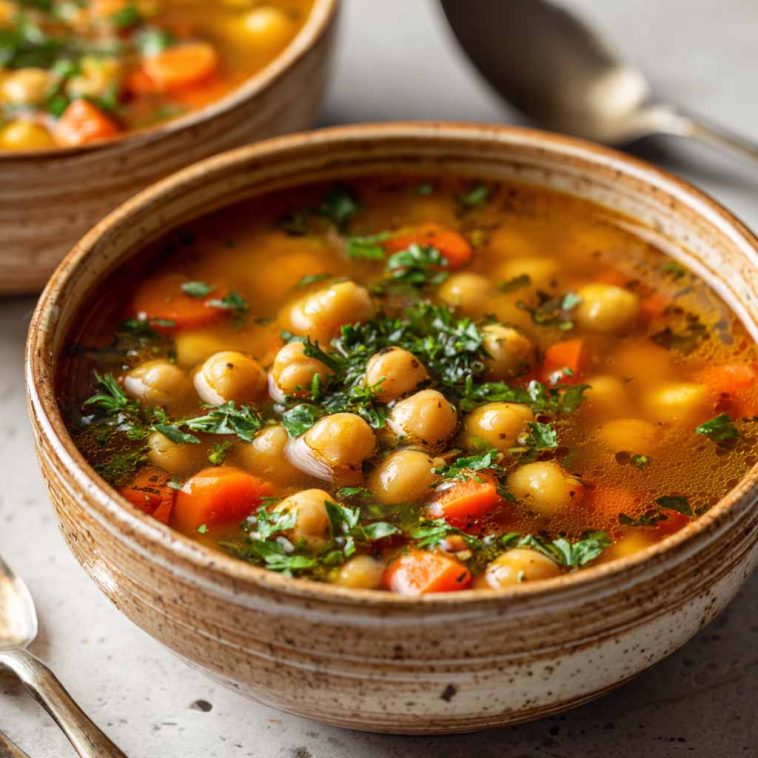 Warm vegan garlic chickpea soup with tender chickpeas, herbs, and a rich, flavorful broth served in a bowl.