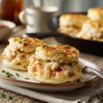 Buttery biscuits topped with shrimp and crab mixture, melted cheese, and baked until golden and bubbly.