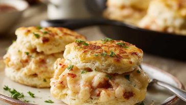 Buttery biscuits topped with shrimp and crab mixture, melted cheese, and baked until golden and bubbly.