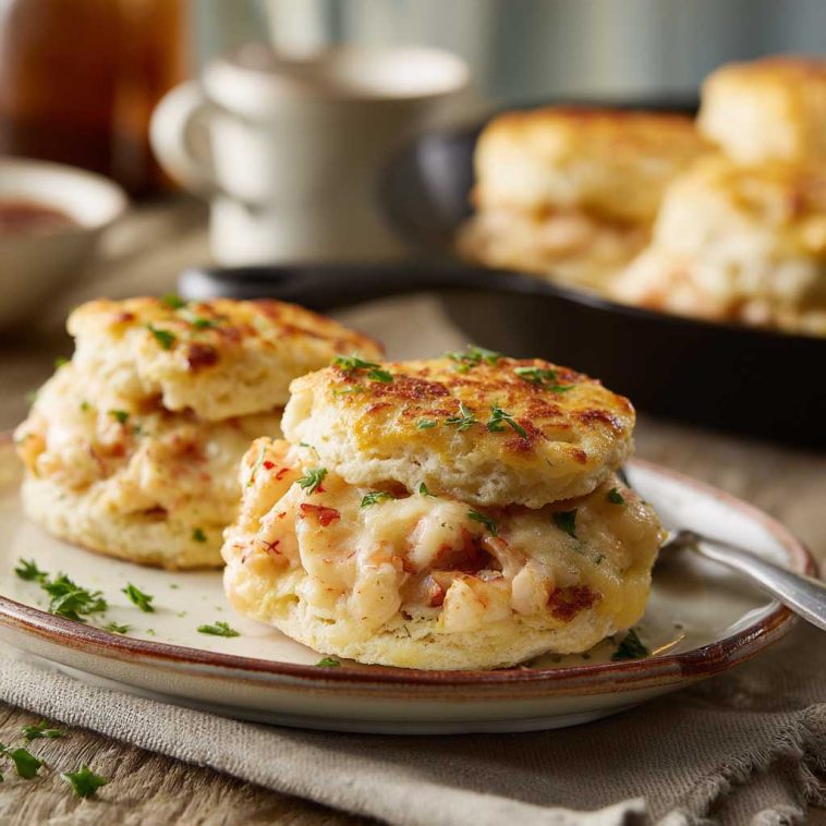 Buttery biscuits topped with shrimp and crab mixture, melted cheese, and baked until golden and bubbly.