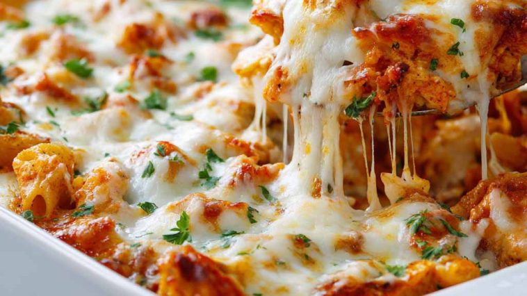 Dump-and-bake chicken parmesan casserole topped with melted cheese and herbs